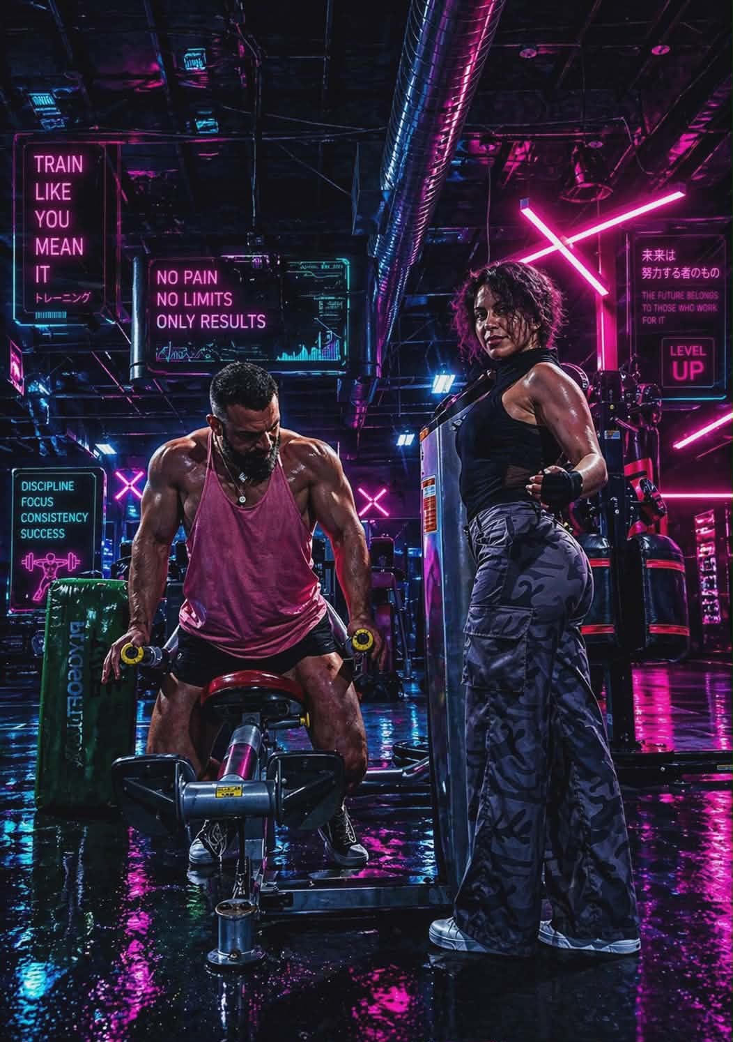 Training in a dark gym with neon lights — early morning discipline